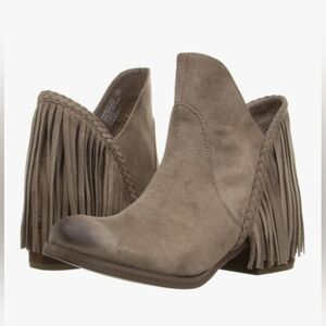 Western Boho Fringed Suede Like Ankle Boots in Taupe/Brown - Women